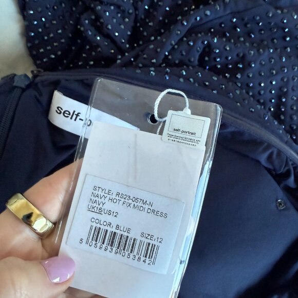 NWT Self-Portrait Cut-out Midi Dress In Navy Allover Rhinestone Front Slit Sz 12 - Picture 4 of 11